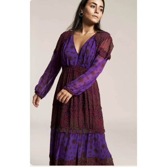 BA&SH Floral  Paris Gypsy Bohemian Midi V Neck Dress SIZE 4 NWT - Picture 4 of 12